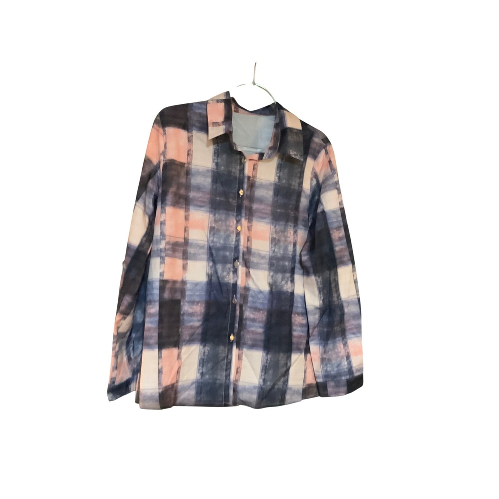Womens Plaid Tie Dye Print Button Down Long Sleeve Shirt Navy Peach Cream